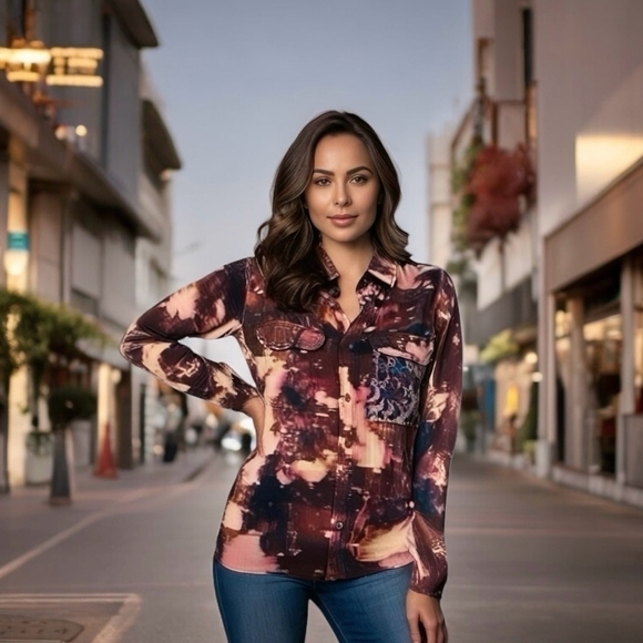Women Top MADE IT ART Boyfriend Multicolored Bleached Flannel Button Front Shirt - Picture 1 of 8